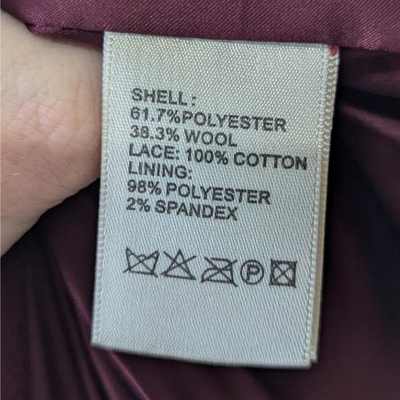 Darling London Burgundy Floral Lace Overlay Collared 3 Button Pea Coat Small - Picture 7 of 9